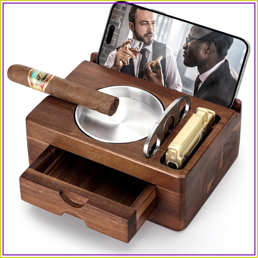 Tablet Accessories Gifts - Wooden Cigar Ashtray with Cutter, Phone
